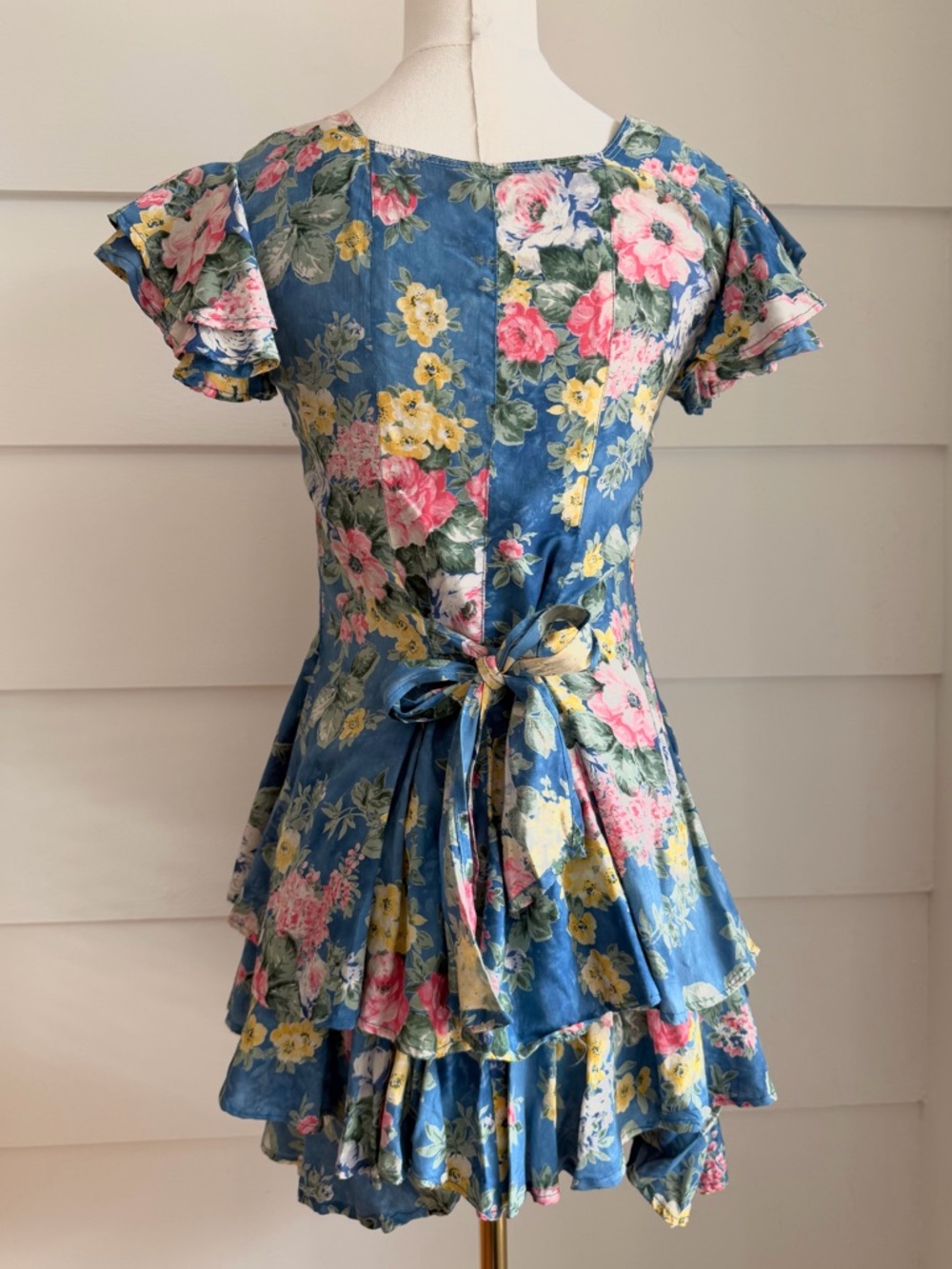 Vintage Floral Print Ruffle Hem Mini Dress XS - Picture 5 of 7
